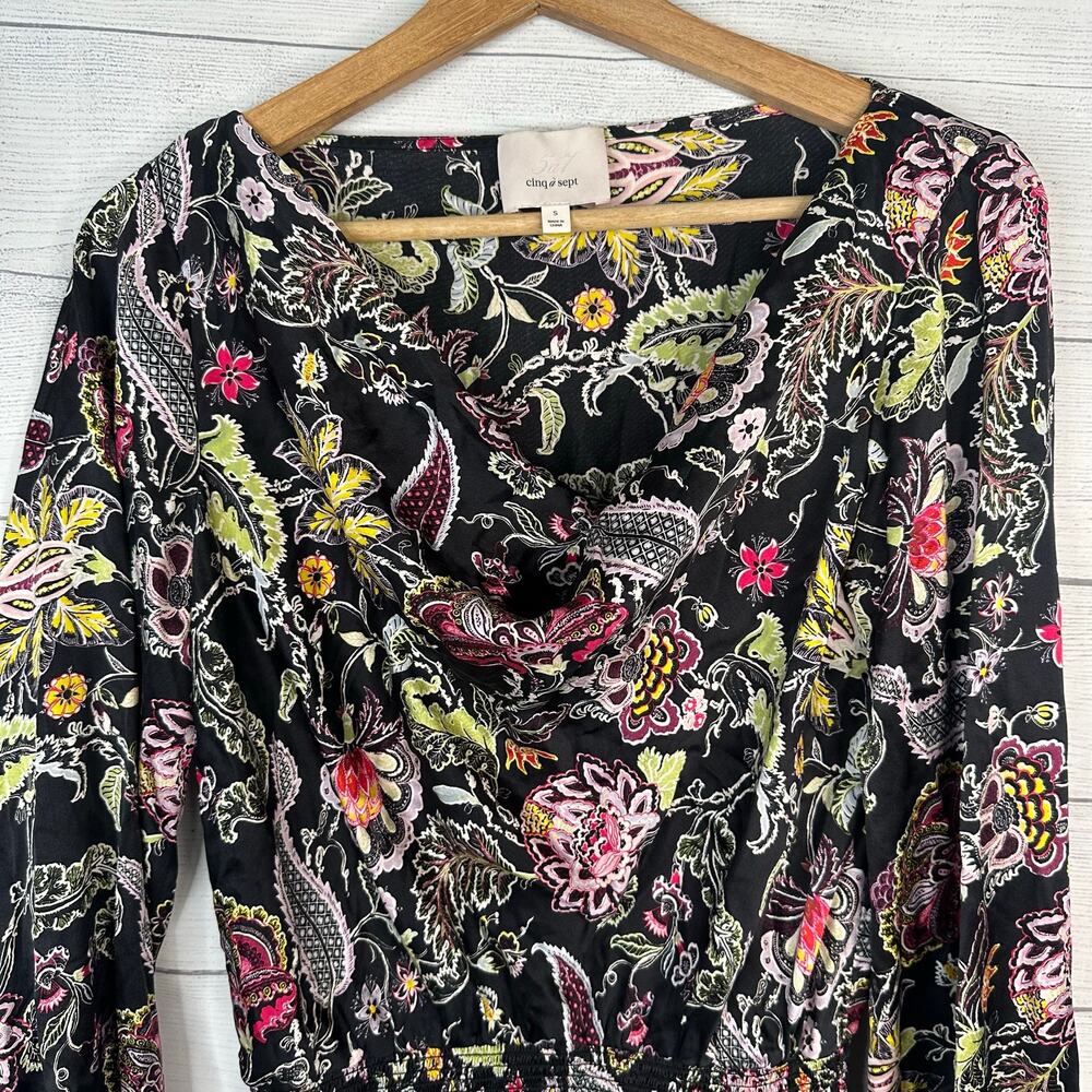 Cinq a Sept Women Small Black Silk Floral Paisley Smocked Peplum Blouse Top Boho - Picture 3 of 10